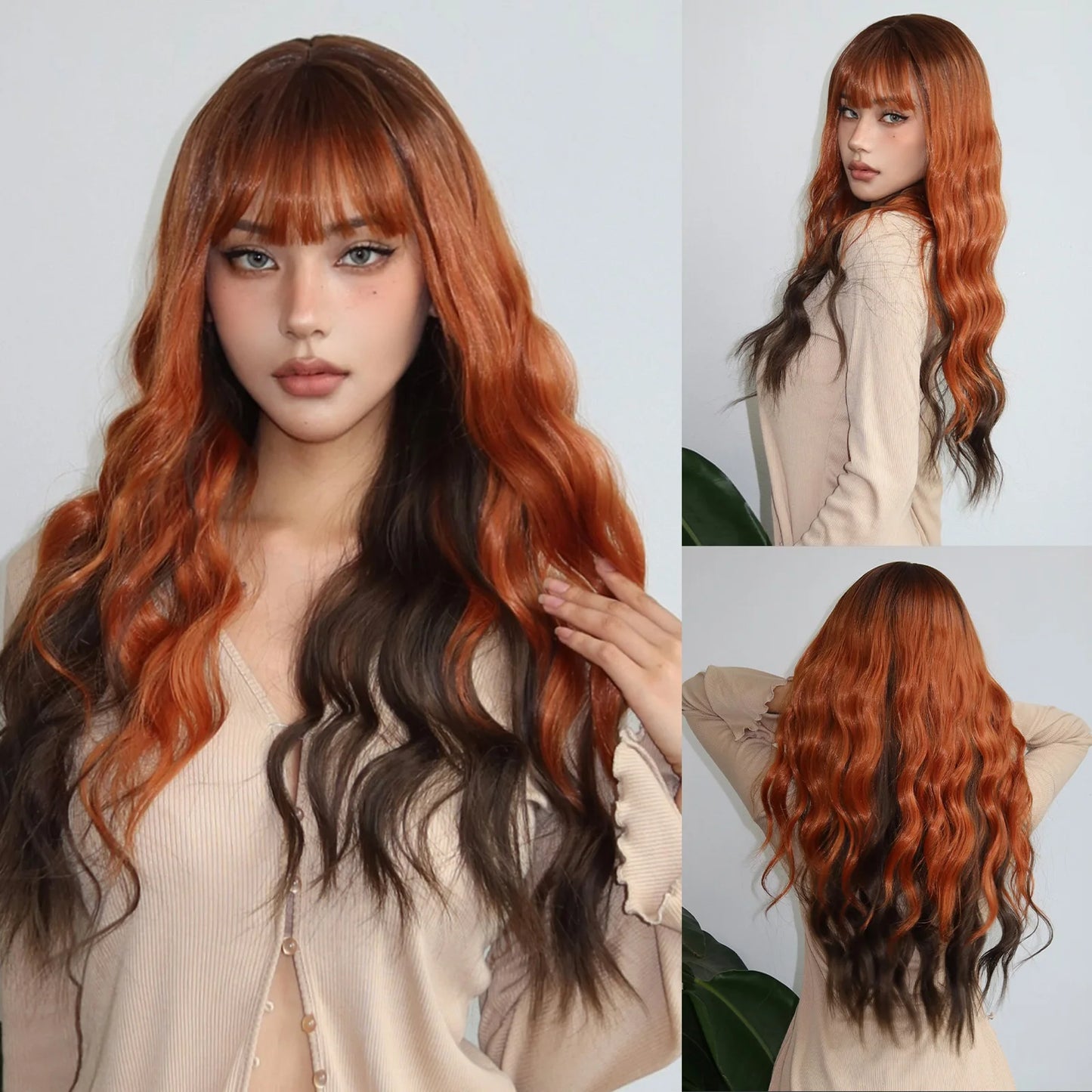 WIG
 Gray Brown Ombre Blonde Wavy Wigs Long Natural Wave Curly Wig for Women Fake Hair With Bangs Daily Cosplay Fiber Wig