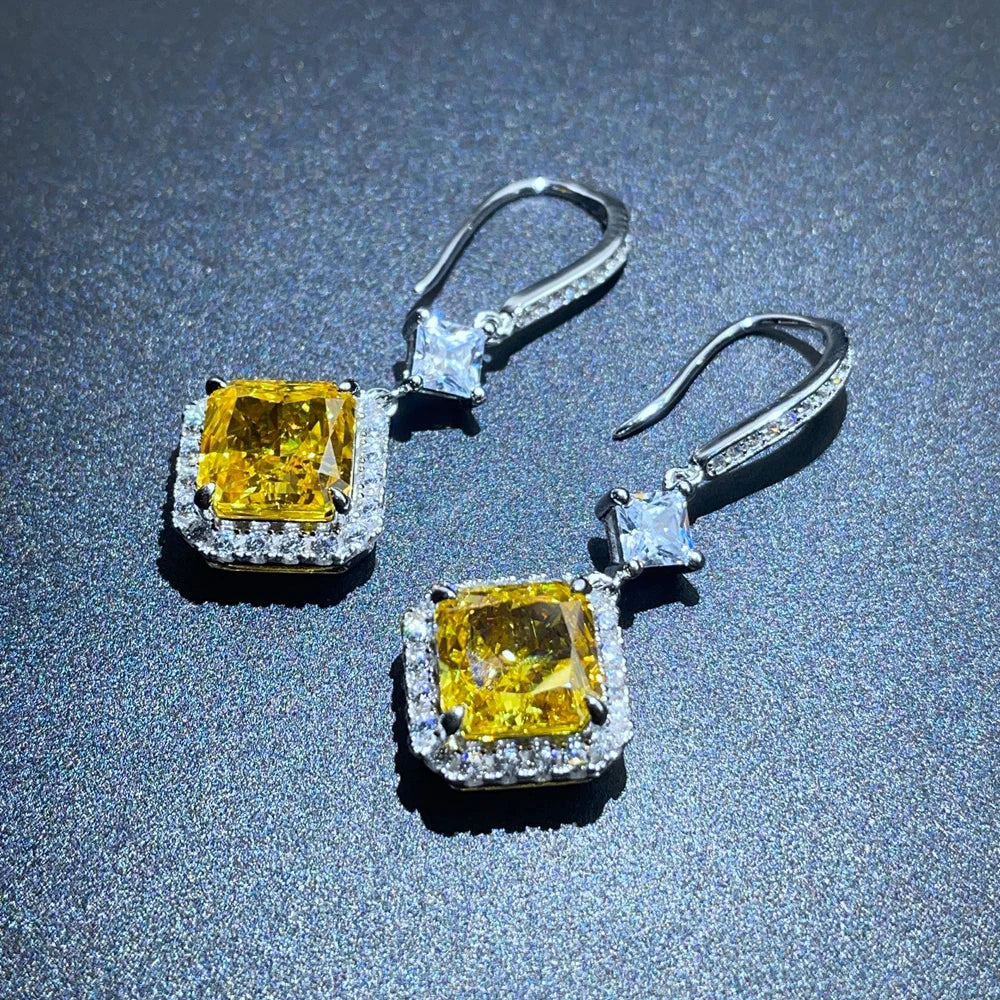 Real 925 Sterling Silver Crushed Ice 6CT Fancy Vivid Yellow Sapphire Gemstone Drop Earrings for Women