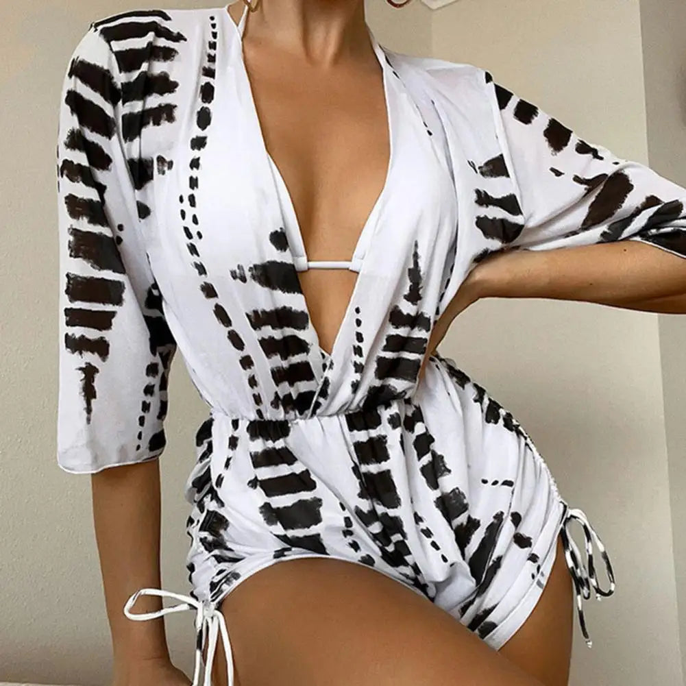 3 Pcs/Set Sexy Bathing Suit Multi Stings Leaf Print Bikini Cover Up Set See-through Lace Up Low-cut Halter Neck Swimwear Set