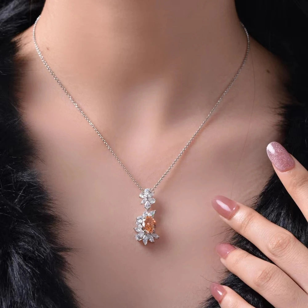 magic necklace-6
 Real 925 Sterling Silver Oval 4.5CT Fancy Vivid Orange Sapphire Created Moissanite Diamond Pendant Necklace for Women Gift