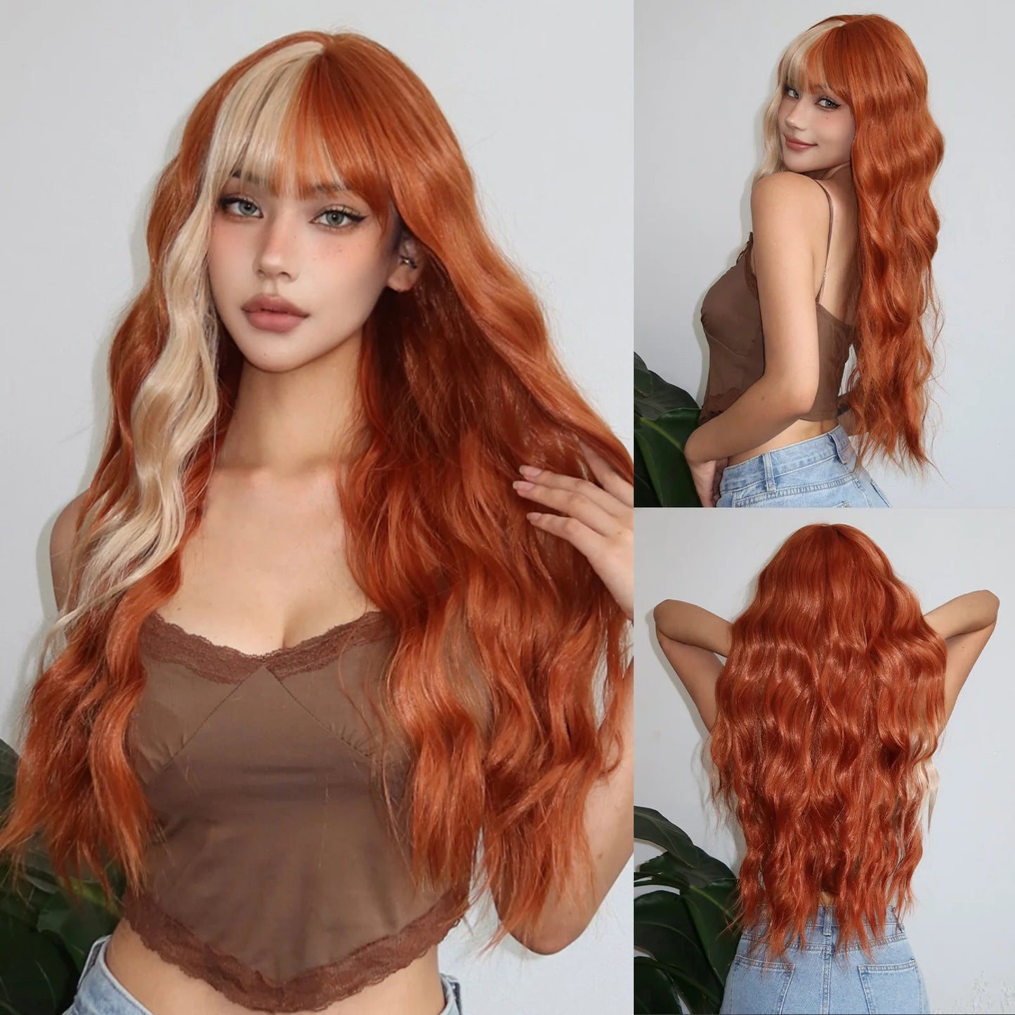 WIG
 Gray Brown Ombre Blonde Wavy Wigs Long Natural Wave Curly Wig for Women Fake Hair With Bangs Daily Cosplay Fiber Wig