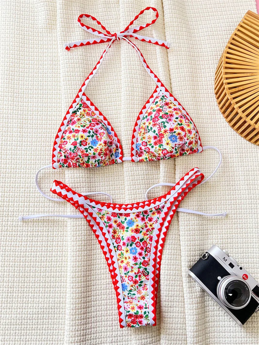 2024 Flower Printed Halter Strappy High Cut Bikini Set Female Swimsuit Women Swimwear Floral Bathing Suit for Women