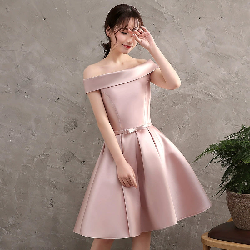 Pink Dress Satin off-Shoulder Slimming Bridesmaids