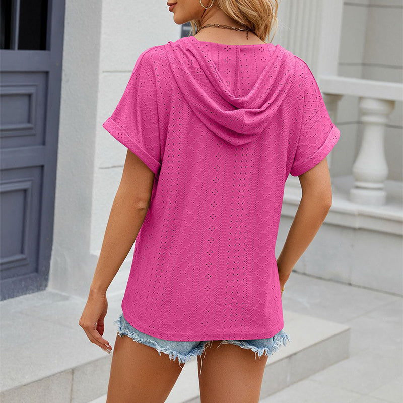 New Solid Color Hooded Button T-shirt Loose Hollow Design Short-sleeved Top For Womens Clothing