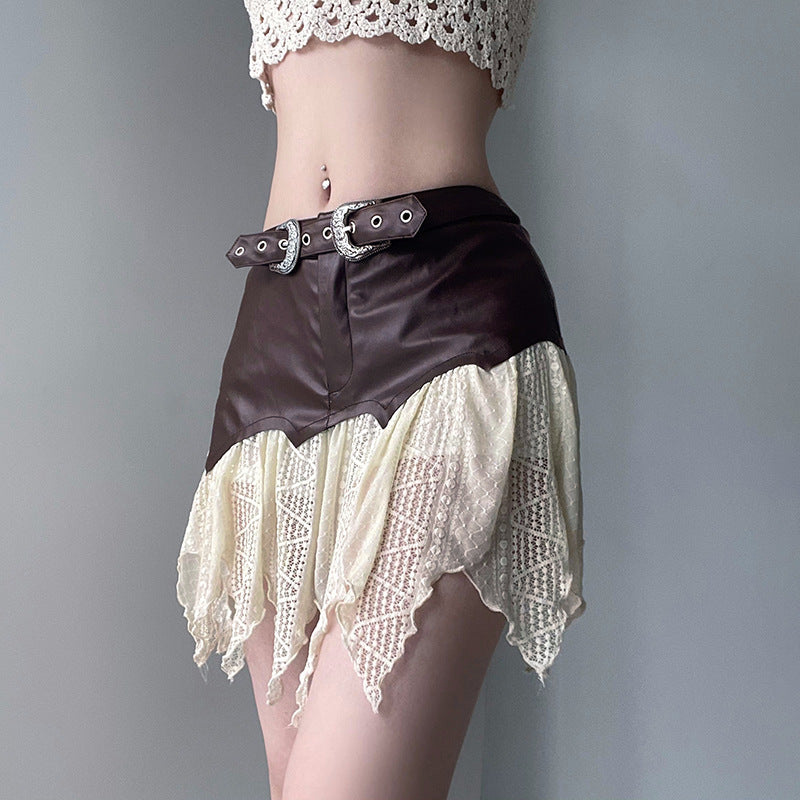 One-piece Leather Stitching Irregular Lace Skirt