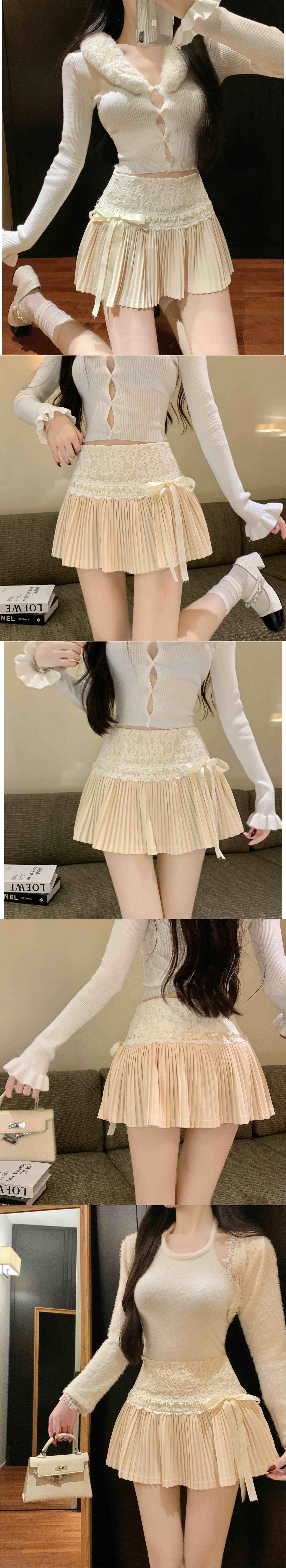 High Waist Slimming A- Line Lace Stitching Small Pleated Skirt