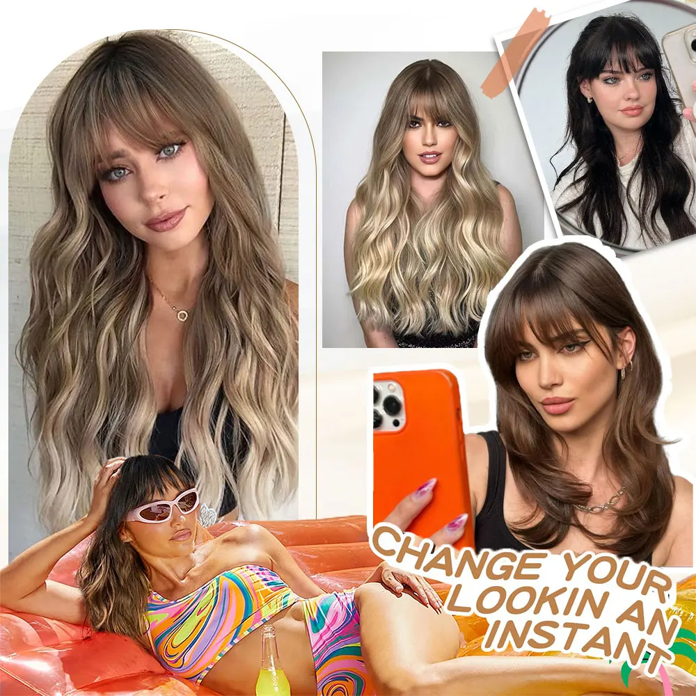 WIG
- With Bangs Long Curly Wavy Ombre Wig with Dark Roots Heat Resistant Synthetic Ombre Wigs for Women Daily Party Use