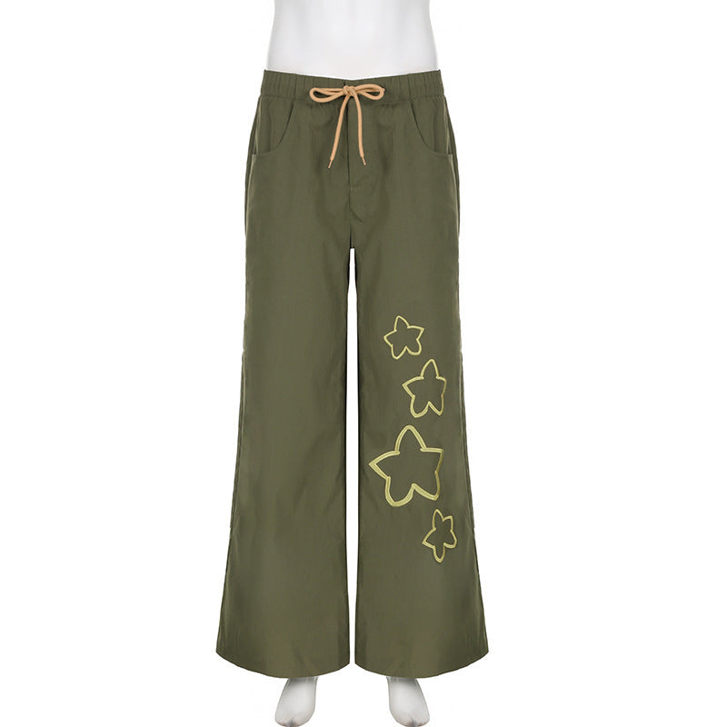 Fashion Pentagram Loose Drawstring Straight-leg Pants Retro Army Green Dance Casual Pants