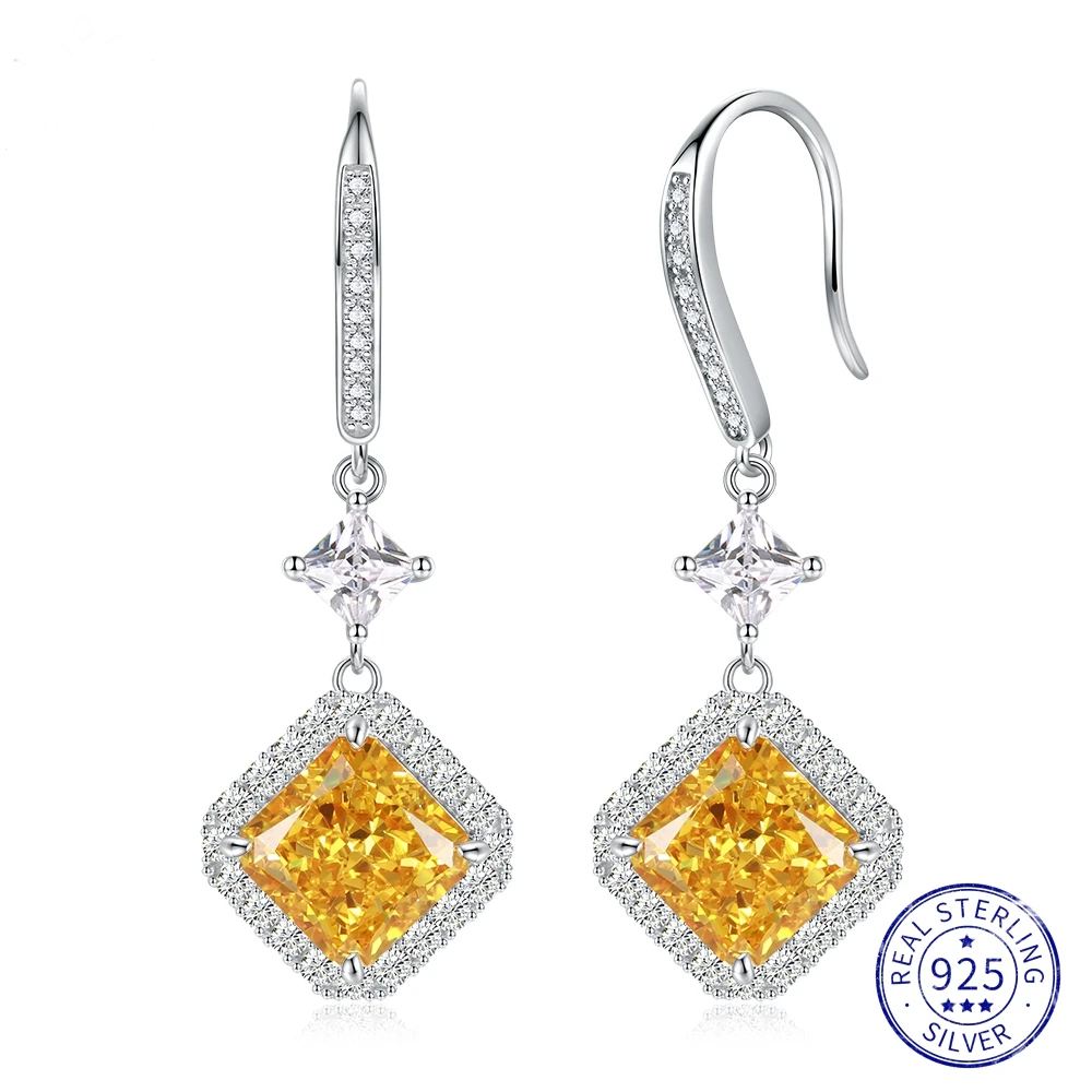 Real 925 Sterling Silver Crushed Ice 6CT Fancy Vivid Yellow Sapphire Gemstone Drop Earrings for Women