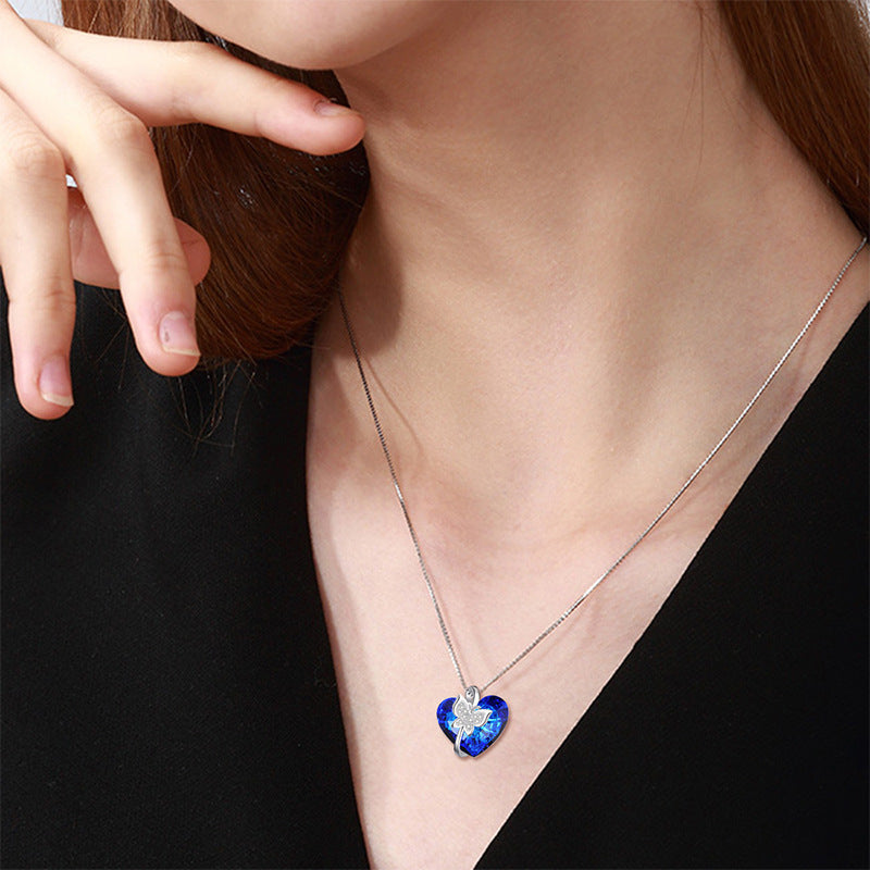 Fashion Blue Crystal Butterfly Heart Pendant Pendant