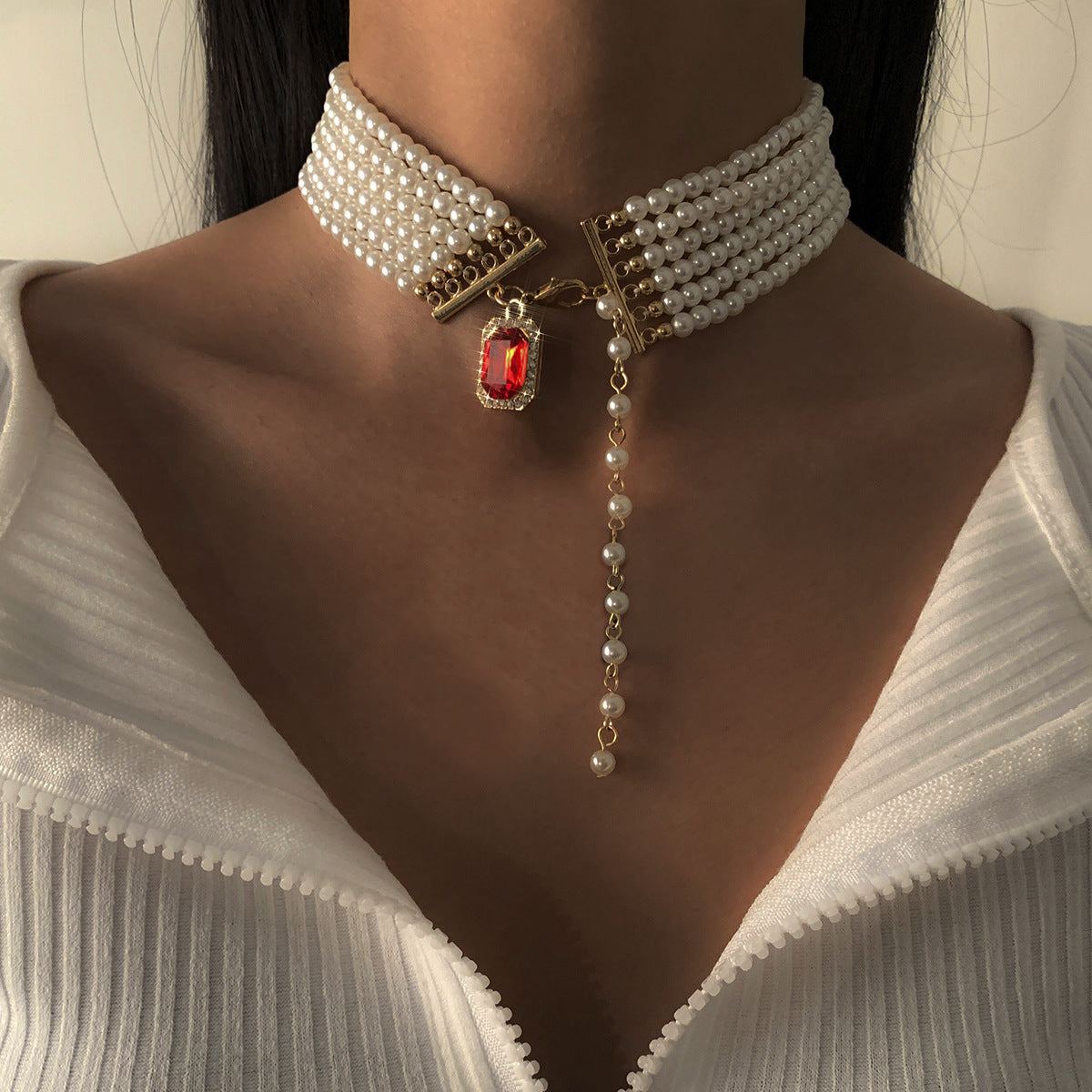 Exaggerated Imitation Pearl Multilayer Necklace With Ruby Sapphire