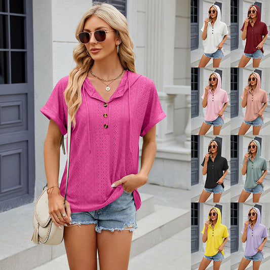 New Solid Color Hooded Button T-shirt Loose Hollow Design Short-sleeved Top For Womens Clothing