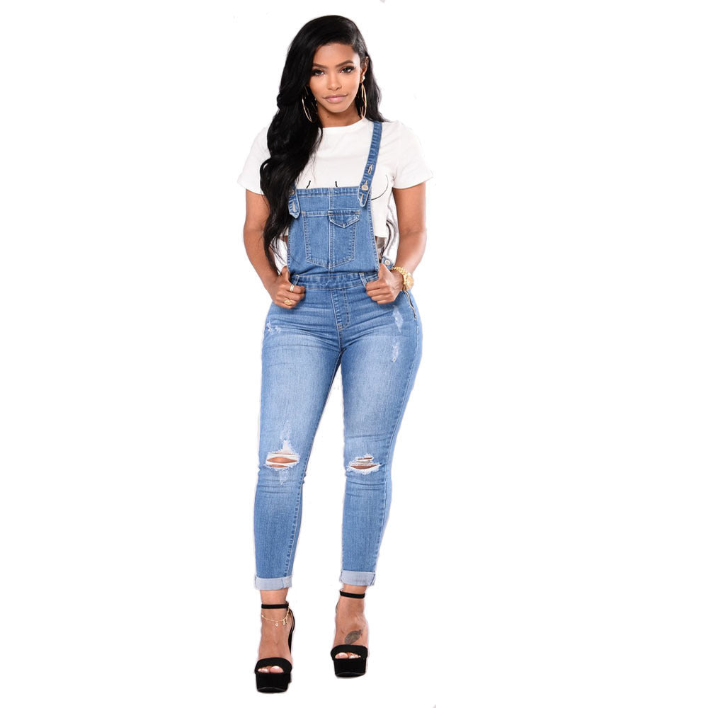 Women's Ripped Denim Suspender Pencil Pants