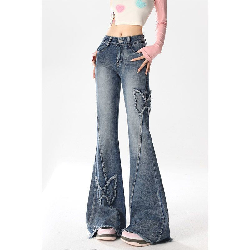 American Retro Butterfly Embroidery Slightly Flared Jeans Women