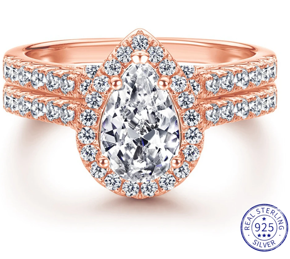 RING
 925 Sterling Silver Pear Cut 6*9MM White Sapphire Created Moissanite Diamonds Rose Gold