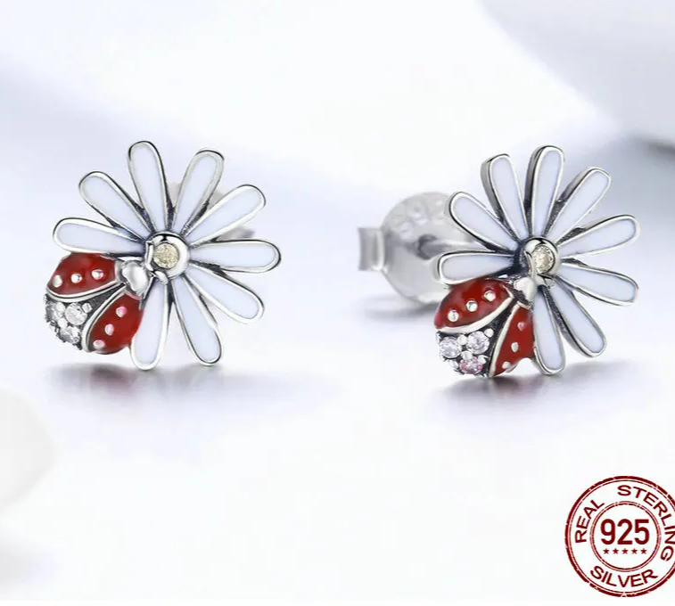 Anna EARRING
 925 Sterling Silver Daisy Flower Red Ladybug Stud Earrings