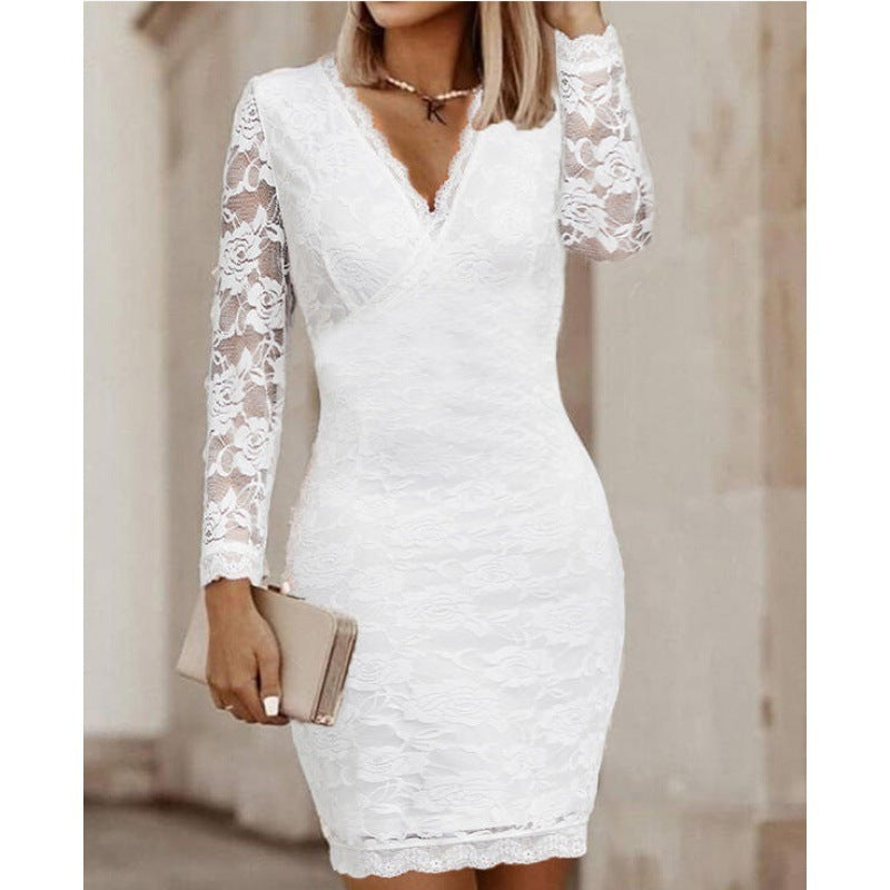 Spring And Autumn V-neck Solid Color Slim Fit Long Sleeves Lace Dress