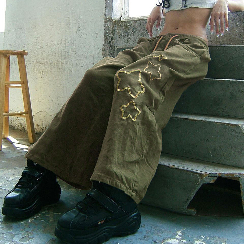 Fashion Pentagram Loose Drawstring Straight-leg Pants Retro Army Green Dance Casual Pants