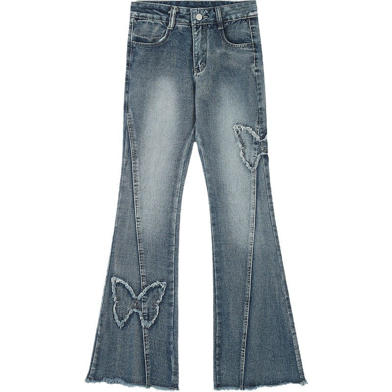 American Retro Butterfly Embroidery Slightly Flared Jeans Women