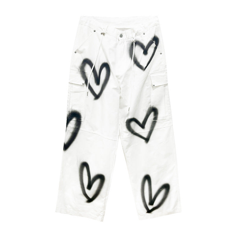 Lace-up Sweet Cool Heart-shaped Graffiti Wide-leg Pants