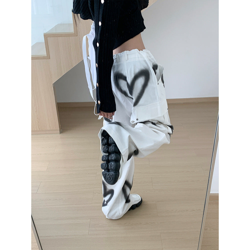 Lace-up Sweet Cool Heart-shaped Graffiti Wide-leg Pants