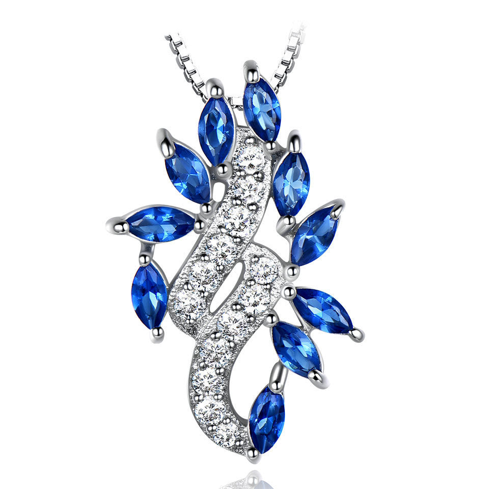 Sterling Silver Sapphire Leaf Pendant Necklace With Diamond Clavicle Chain