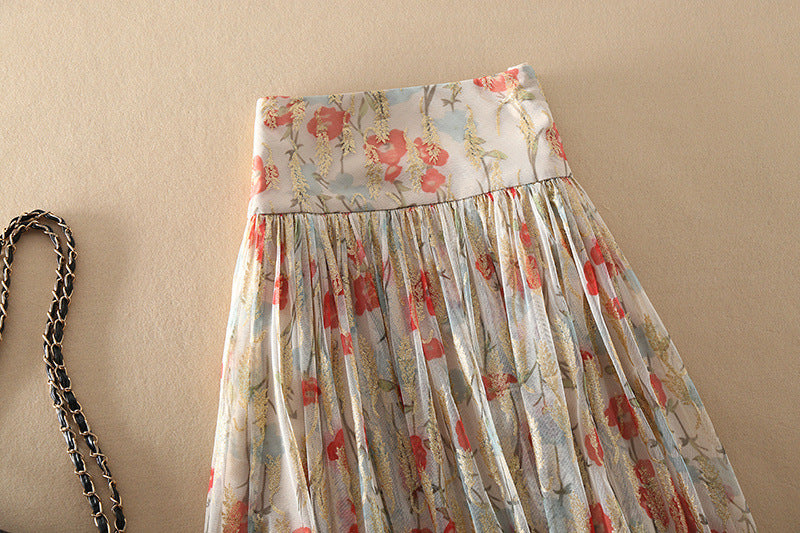 High Waist Floral Gauzy Pleated Mid-length Skirt