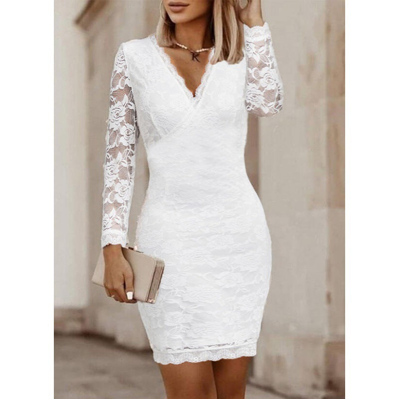 Spring And Autumn V-neck Solid Color Slim Fit Long Sleeves Lace Dress